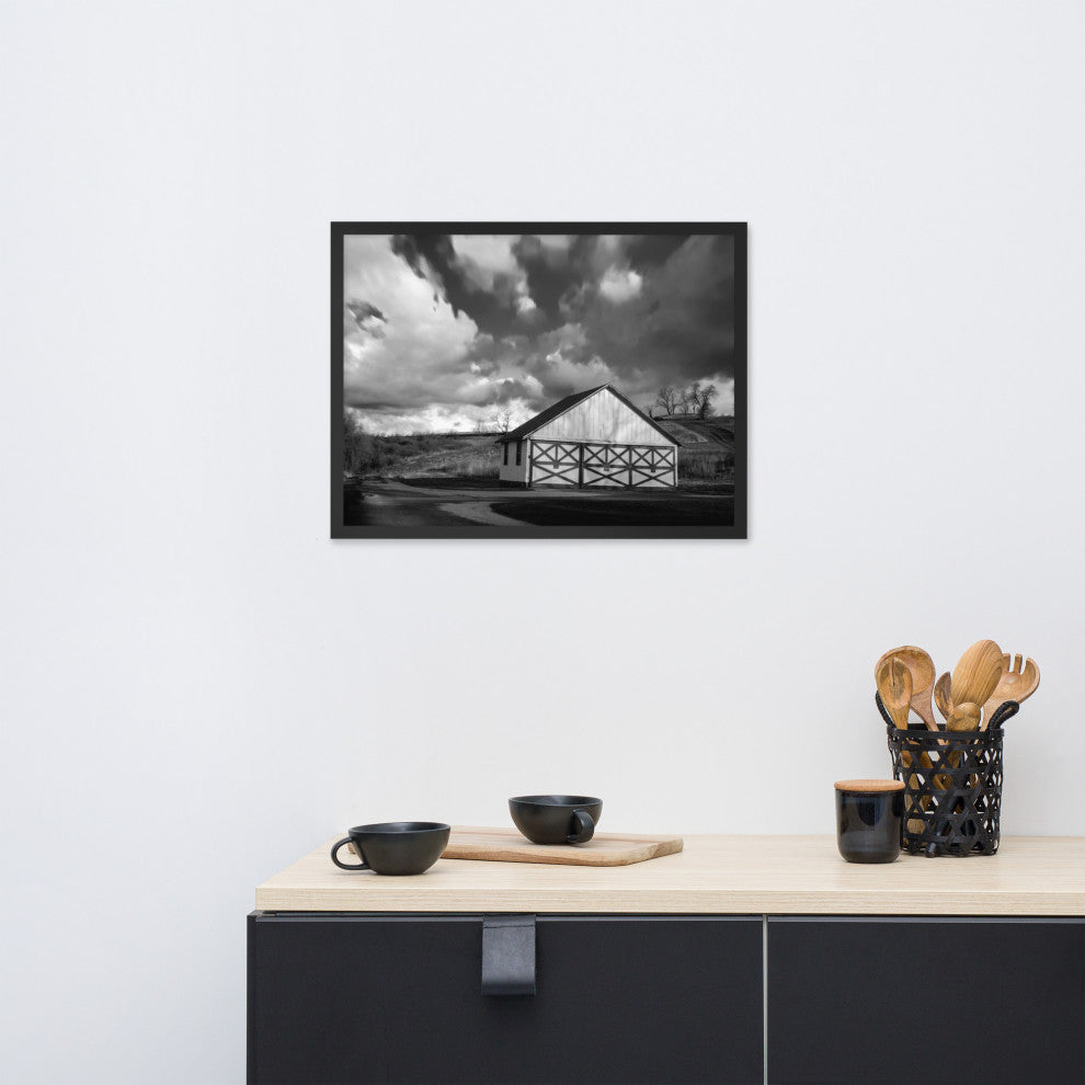 Aging Barn Morning Sun in Black and White Framed Photo Paper Wall Art Prints, Black, 18" X 24"