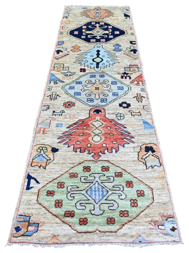Tan Anatolian Village Inspired Design Wool Hand Knotted Runner Rug 2'10"x9'7"