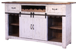 Greenview 76" White Bar With Wine Rack 2 Drawers Barn Doors and Shelves