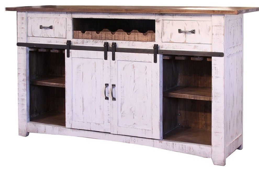 Greenview 76" White Bar With Wine Rack 2 Drawers Barn Doors and Shelves