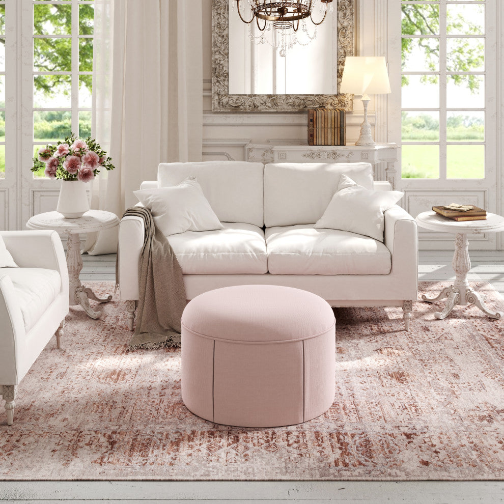 Rustic Manor Blanca Ottoman, Upholstered, Linen, Light Pink
