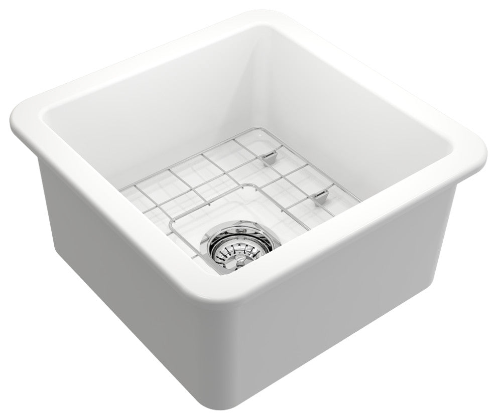 BOCCHI 1359-002-0120 Matte White Fireclay Kitchen Sink w/ Grid and Strainer