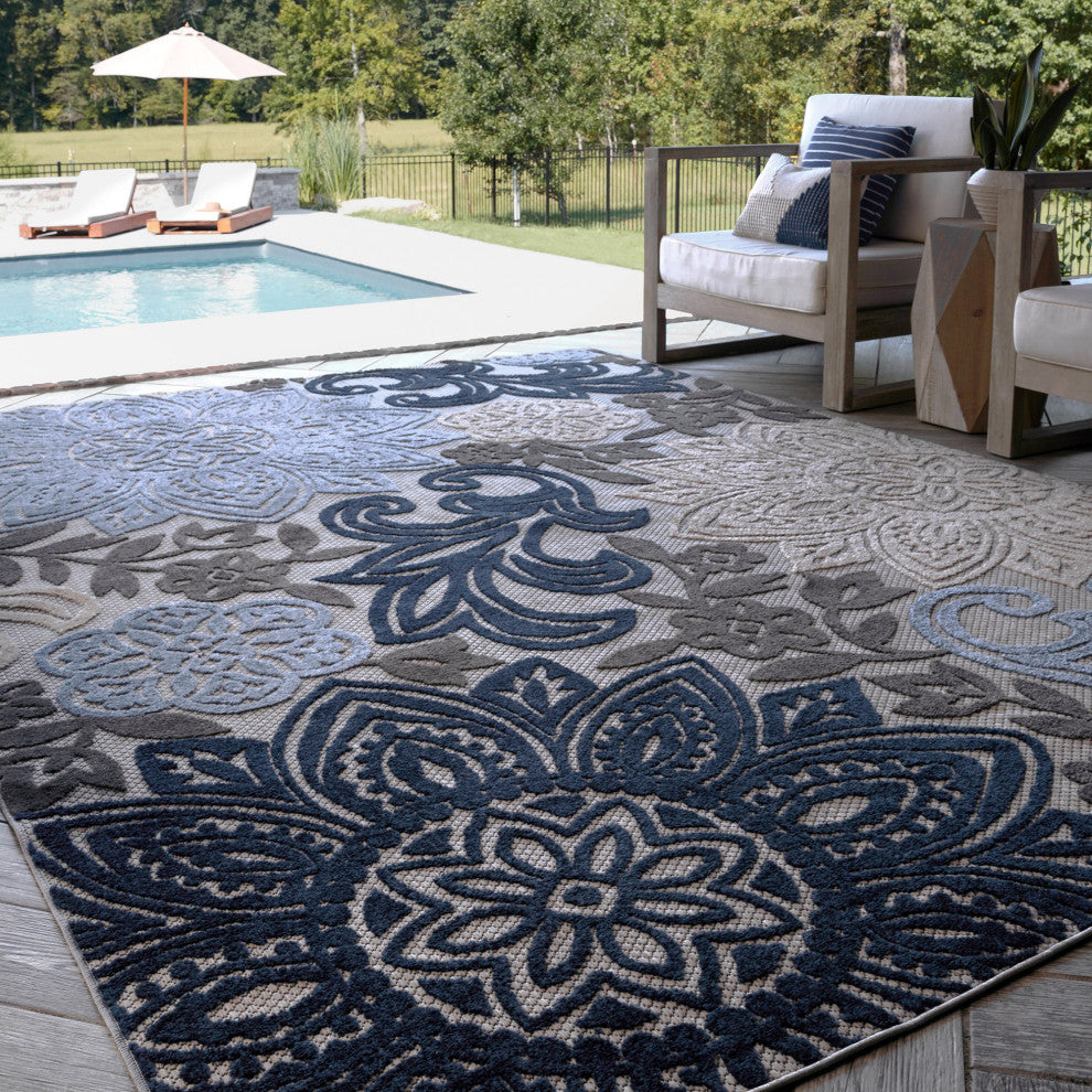 Omalley Modern Floral Area Rug, Blue & Gray, 7'11" X 10'3"