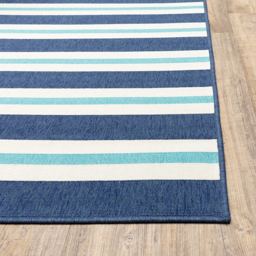 Madelina Stripe Blue and Ivory Indoor or Outdoor Area Rug, 7'10" Round