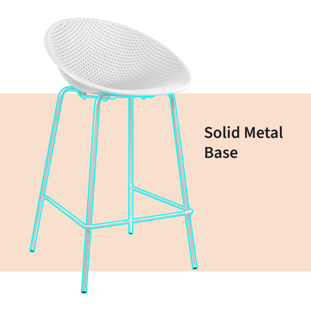 Set of 2 Modern Counter Stools with Perforated Low Back and Metal Frame, 25.5", White
