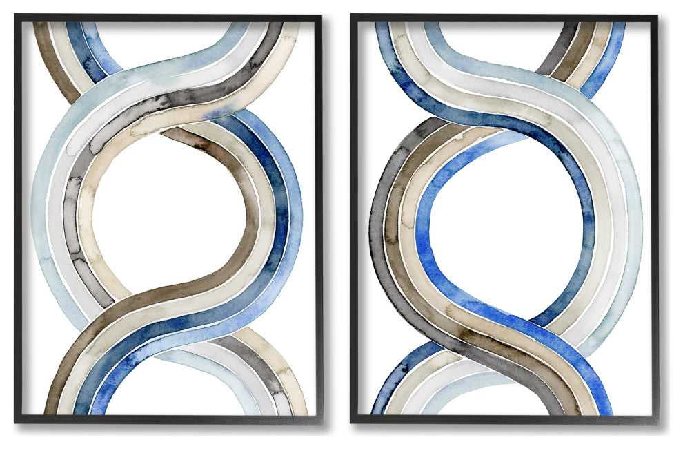 Two Dimensional Spiral Helix Brown Blue Abstract Lines,2pc, each 11 x 14