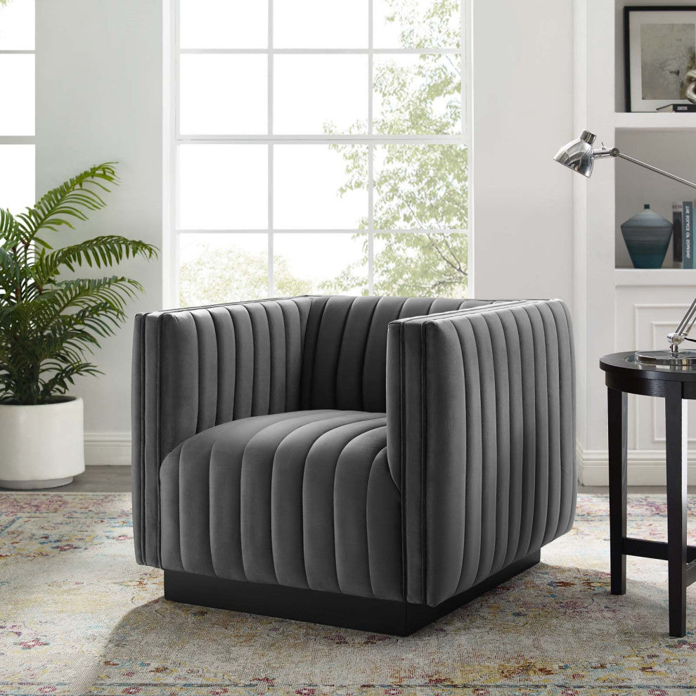 Tufted Armchair Accent Chair, Velvet, Gray, Modern, Lounge Hospitality