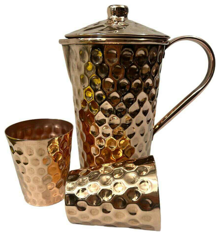 Set of 1 Hammered Copper Pitcher & 2 Tumblers