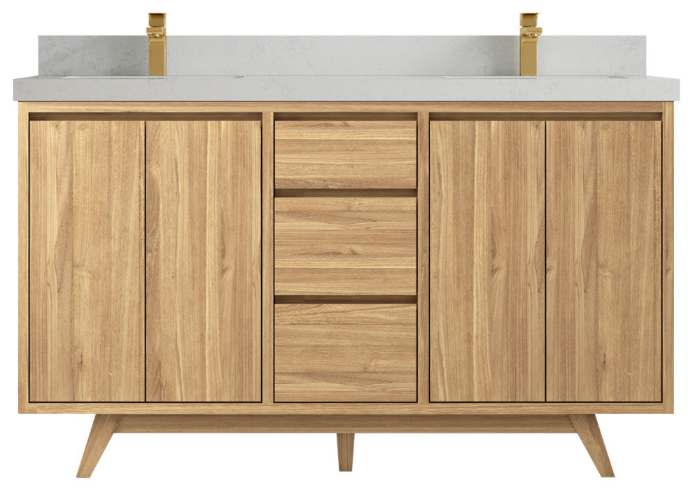 Madison Teak 60 Double Bathroom Vanity in Light Natural 2" Carrara Quartz