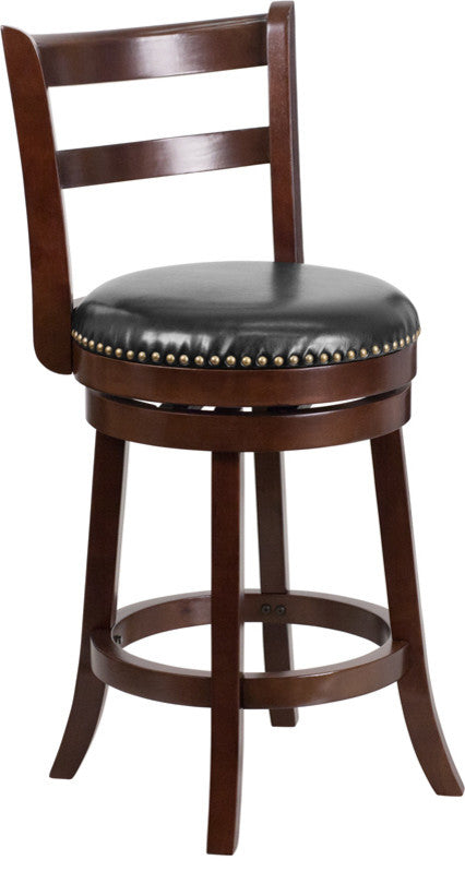 Dyersburg 26" Wood Counter Stool Cappuccino, Black Leather Swivel Seat