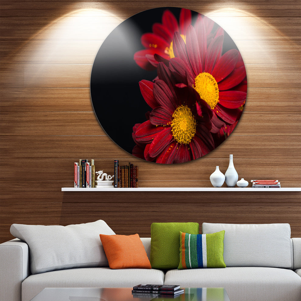 Red Velvet Chrysanthemum Flowers, Floral Large Disc Metal Wall Art, 11"