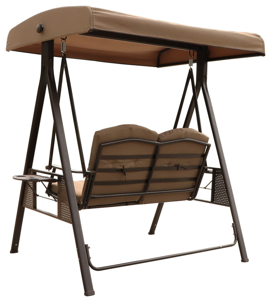 Outdoor Patio Porch Swing Chair With Adjustable Canopy and Pillow, Brown Beige