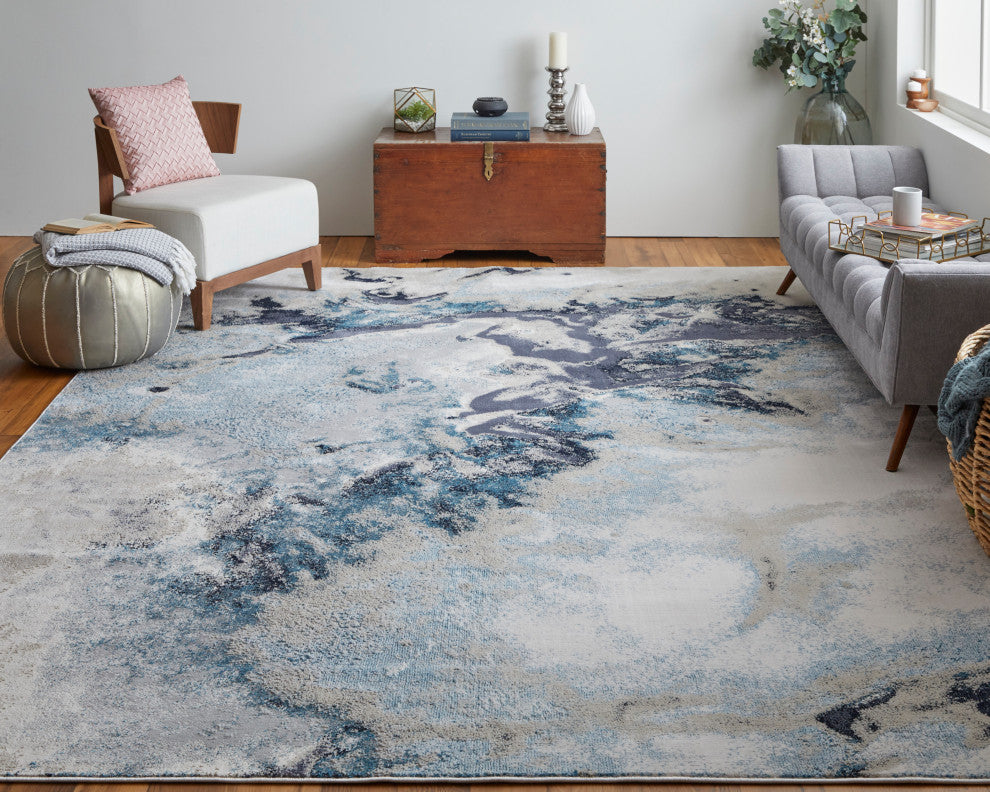 Oria Industrial Abstract Area Rug, Blue/Gray/Ivory, 8'x10'