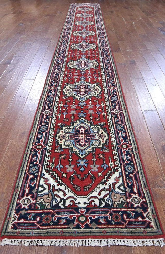 Red Oriental Heriz Serapi Hand-Knotted Wool Rug, 3'x20'