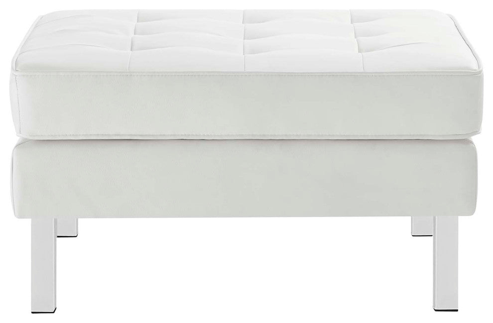 Loft Tufted Vegan Leather Armchair and Ottoman Set, Silver White