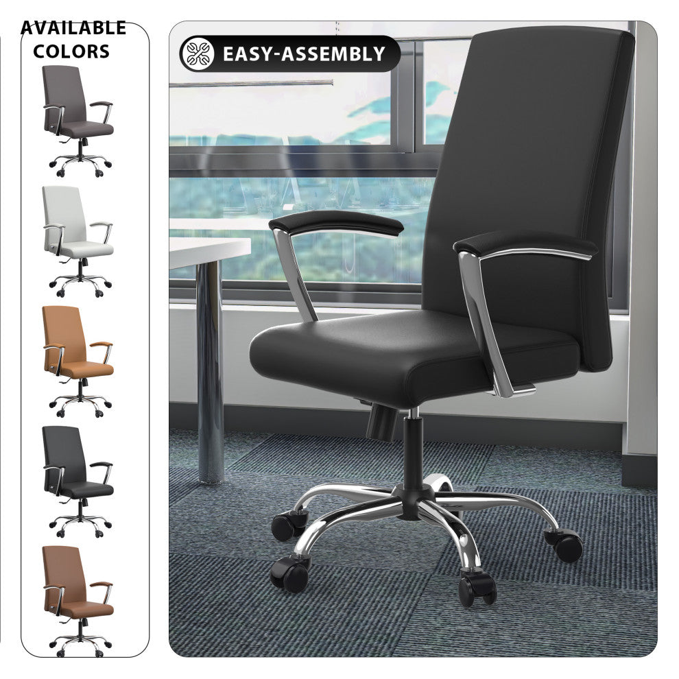 LeisureMod Evander Faux Leather Office Chair With Aluminum Frame, Black
