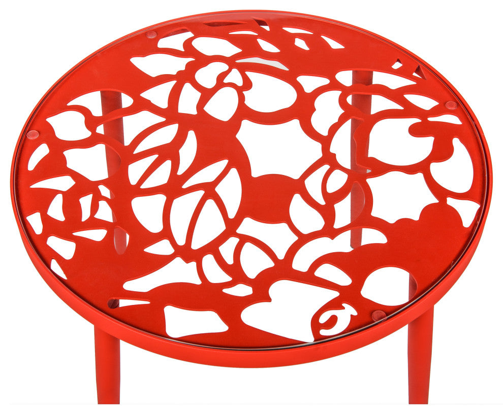 LeisureMod Devon Aluminum Patio Dining Set With Table and 2 Armchairs, Red