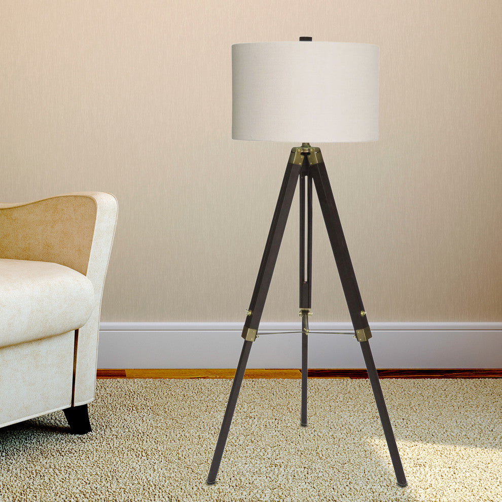60" Structured Tripod Weathered Espresso Wood & Antique Brass Metal Floor Lamp