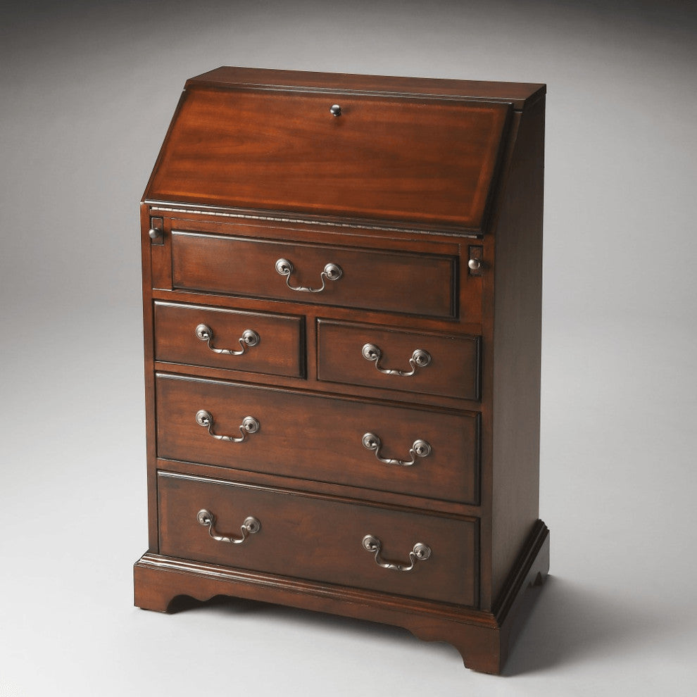 26" Brown Rubberwood Wood Secretary Desk With Five Drawers