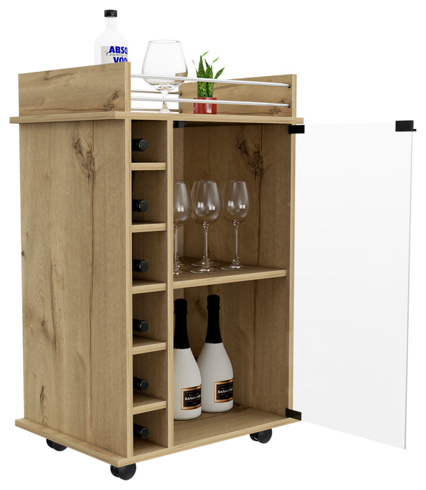 DEPOT E-SHOP Huali Bar Cart, 6 Wine Cubbies, Light Oak