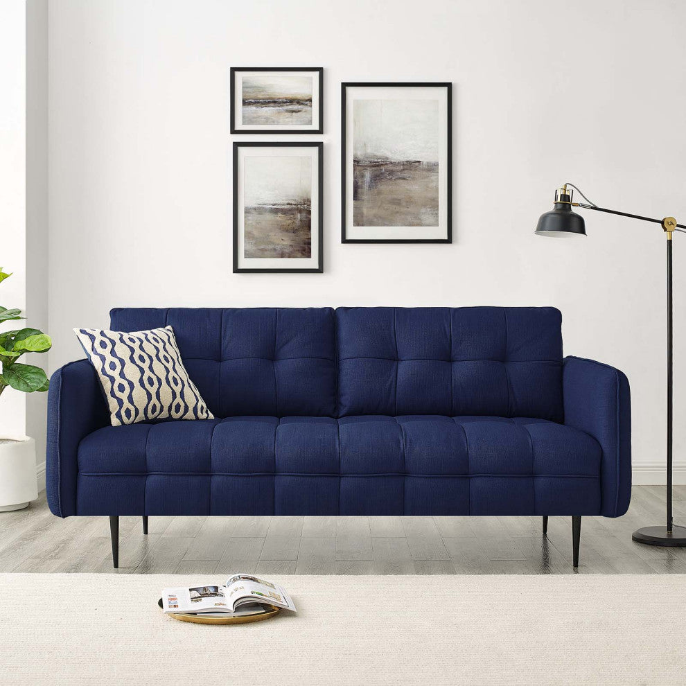 Tufted Sofa, Fabric, Dark Blue, Modern, Living Lounge Hotel Lobby Hospitality