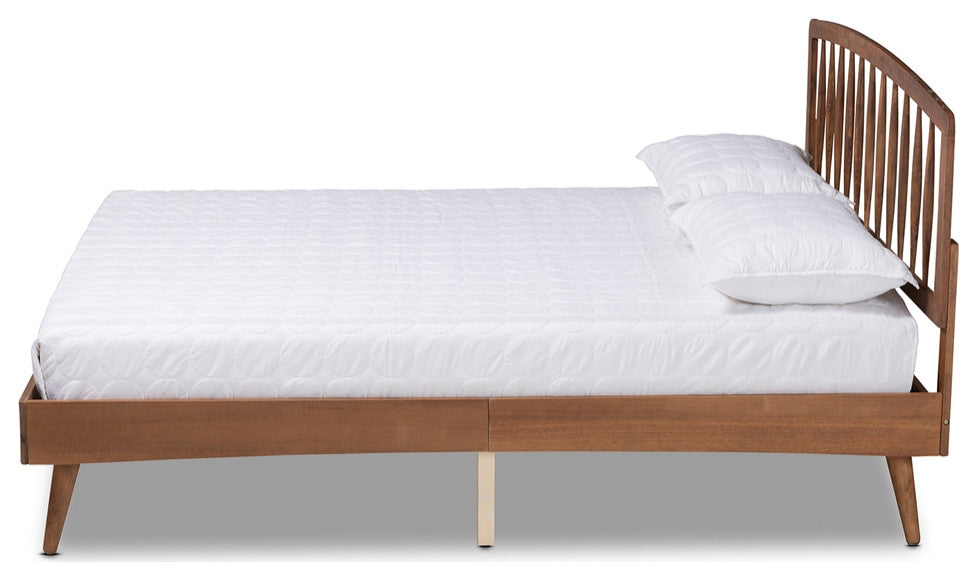 Mid-Century Modern Walnut Brown Wood Queen Size Platform Bed, Slatted Headboard