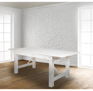 HERCULES Series 7' x 40" Rectangular Solid Pine Folding Farm Table, Antique Rustic White