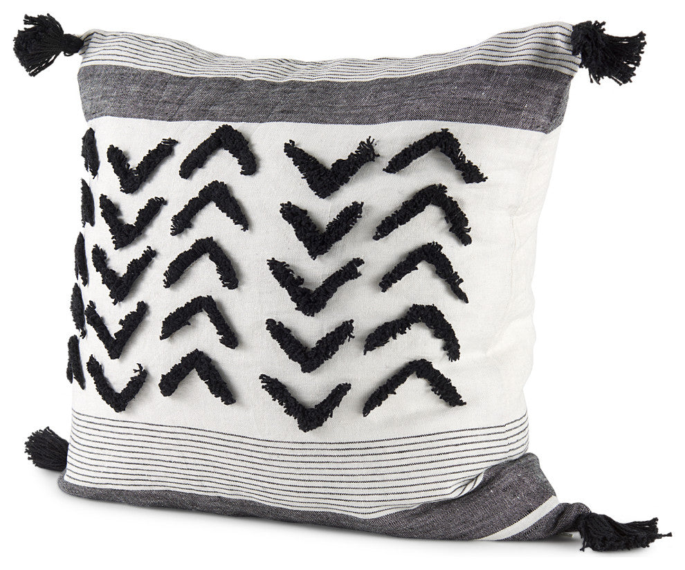 Kimia 20x20 White & Black Herringbone With Fringed Decorative Pillow Cover