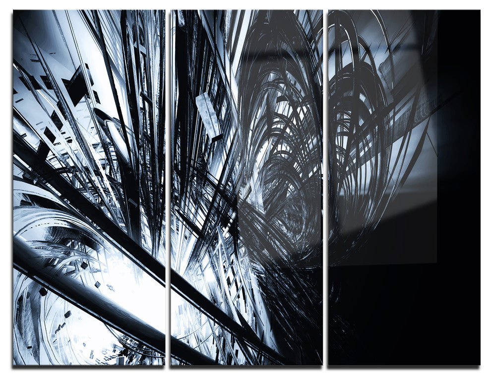 "3-D Abstract Art Black White" Digital Metal Wall Art, 3 Panels, 36"x28"