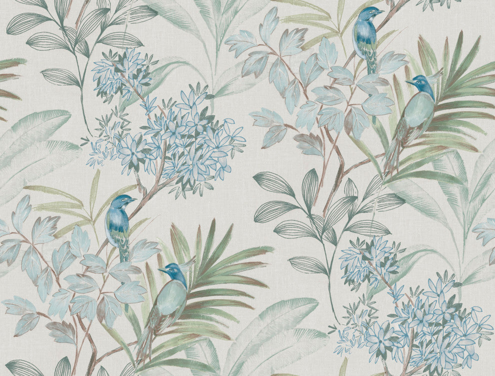Turquiose Handpainted Songbird Peel & Stick Wallpaper