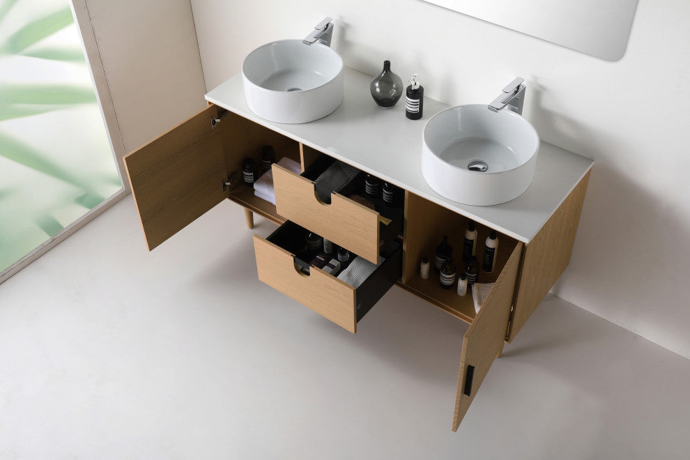 Newton Bath Vanity, Whitewash Oak, 60", Double Sink, Freestanding