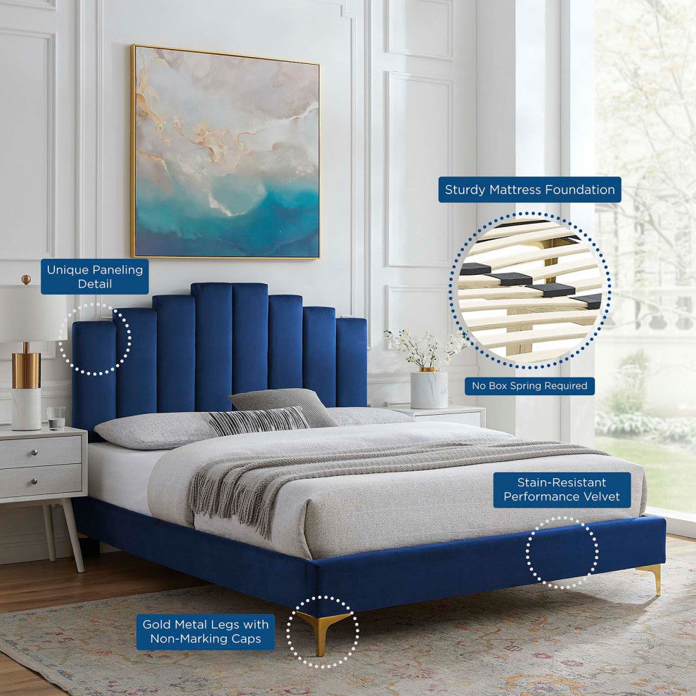 Platform Bed Frame, Full Size, Velvet, Blue Navy, Modern Contemporary, Bedroom