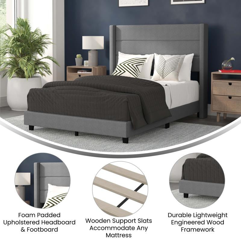 Hollis Upholstered Platform Bed with Wingback Headboard w/Mattress Foundation, Gray, Full