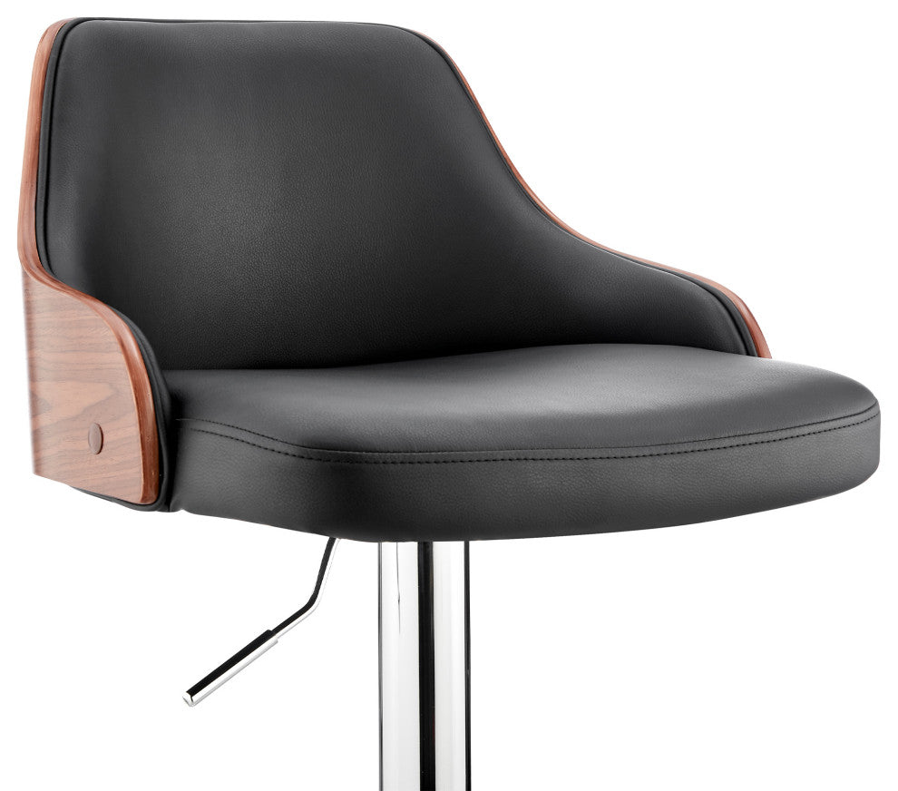 Asher Adjustable Faux Leather and Metal Bar Stool, Black and Chrome
