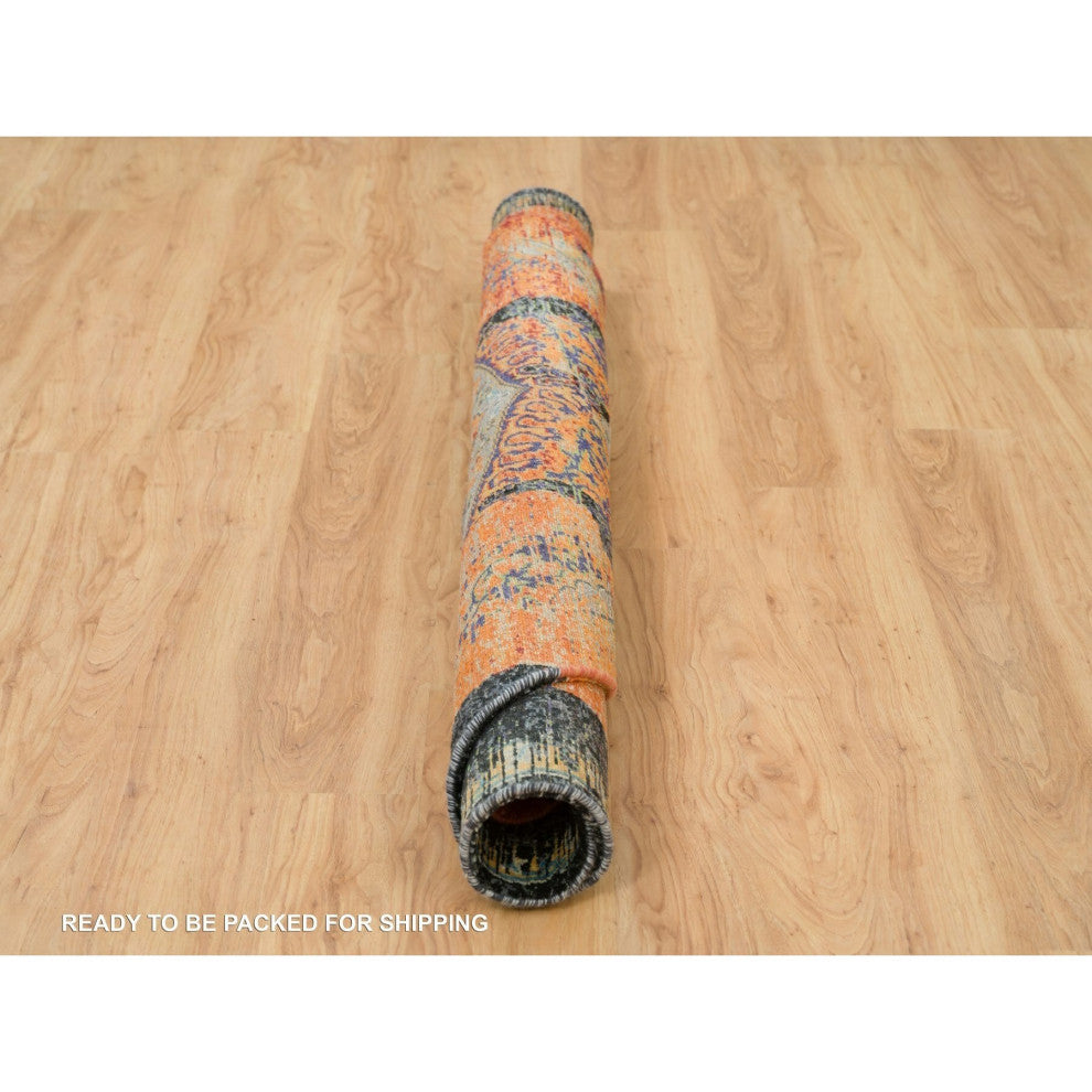 Orange, Ancient Ottoman Erased Design, Wool, Hand Knotted Round Rug, 6'1"x6'1"