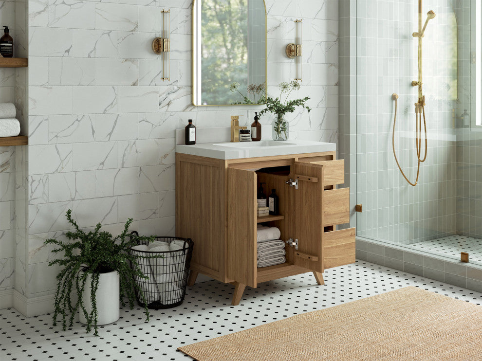 Madison Teak 36 Center Sink Bath Vanity in Light Natural 2" Carrara Quartz
