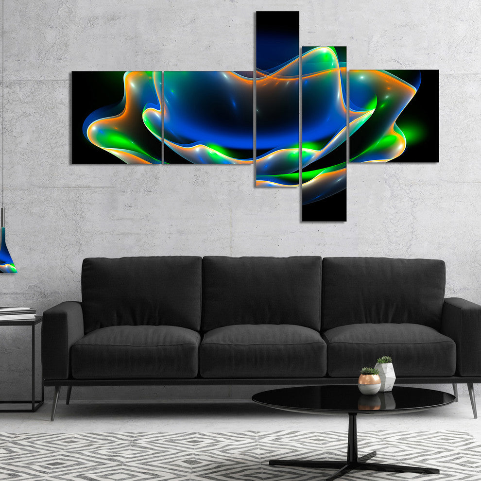 Green Fractal Flower in Dark, Floral Canvas Art Print, 60"x32", 5 panels
