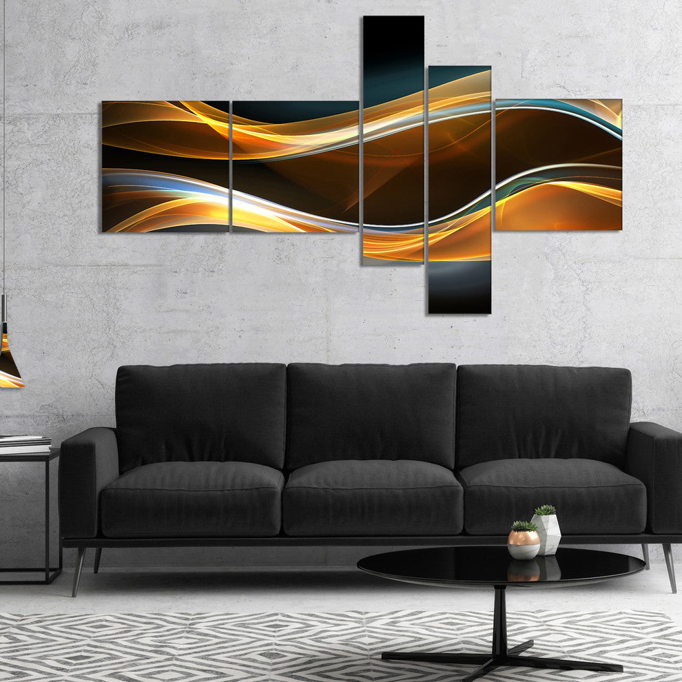 3D Gold Waves in Black, Abstract Canvas art print, 60"x32", 5 panels