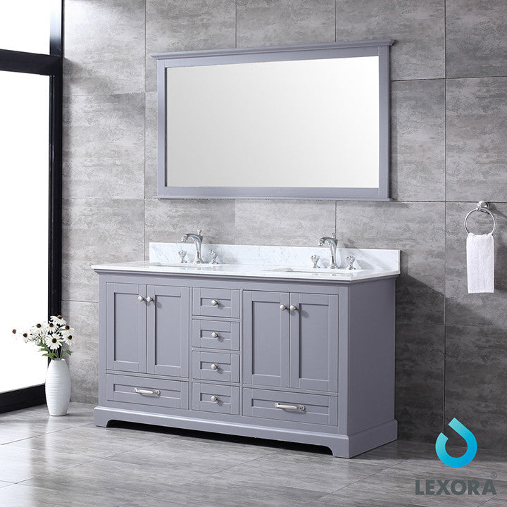 Dukes 60" Vanity, Wht Carrara Marble Top & 58" Mirror w/ Faucets, Dark Grey