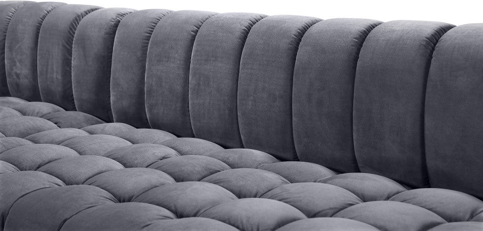 Gwen Biscuit Tufted Velvet Upholstered 3 Piece Sectional, Gray
