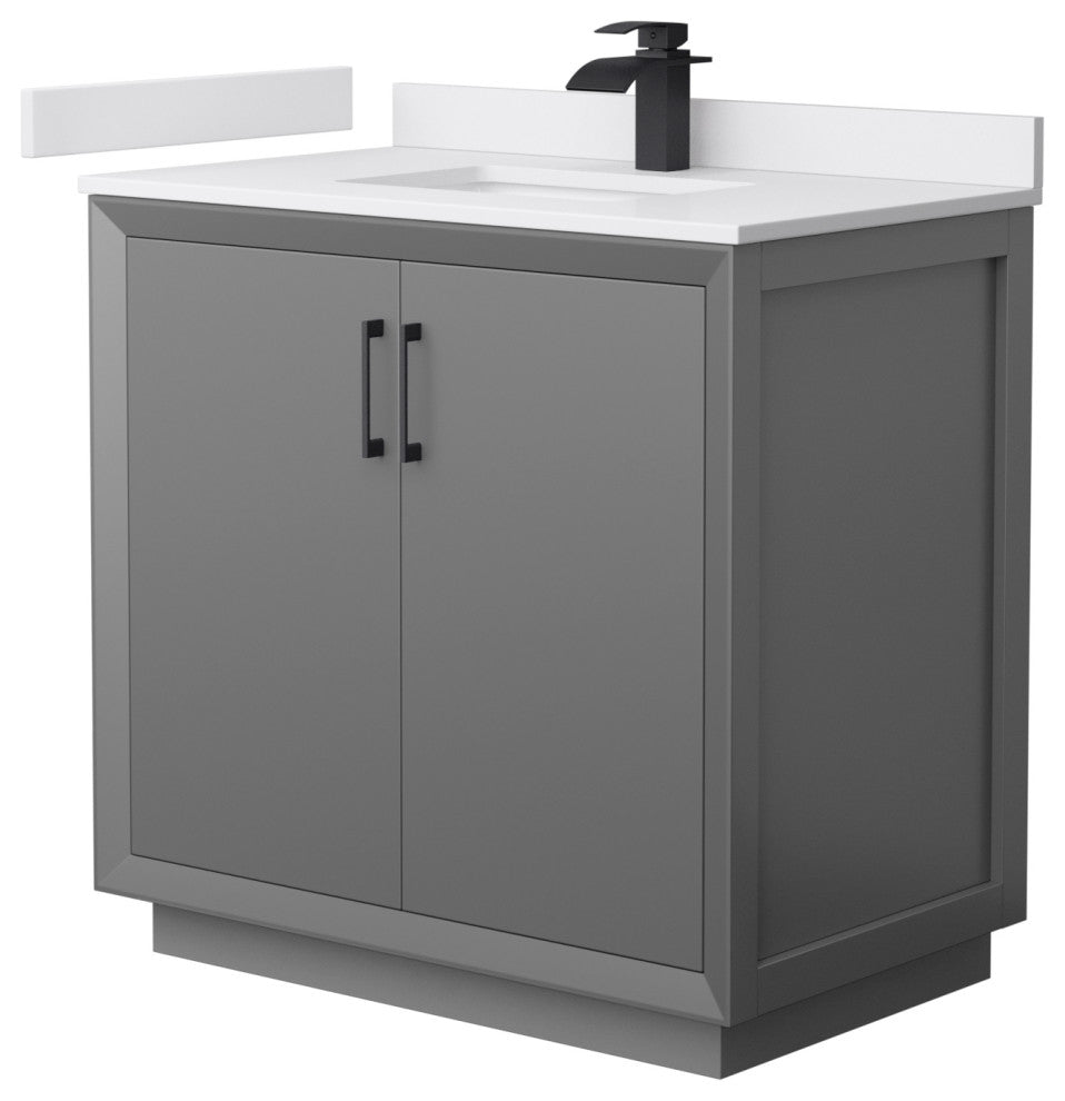 Strada 36" Single Vanity in Gray, White  Marble Top, Sink, Black Trim