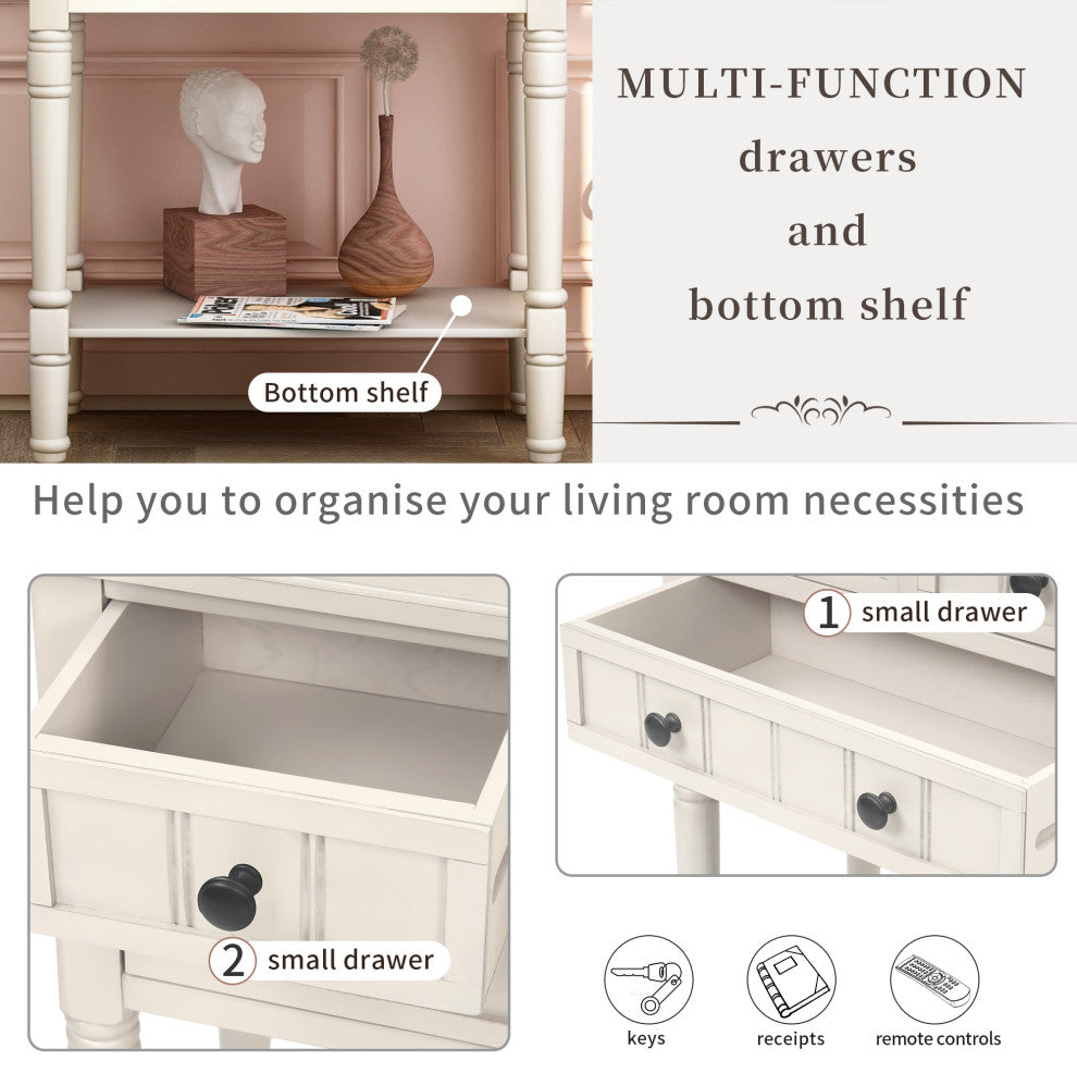 TATEUS Modern Narrow Console Table With Three Storage Drawers, Ivory White