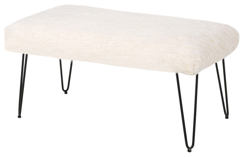 Louise Faux Fur Bench With Hairpin Legs, White, Black Finish