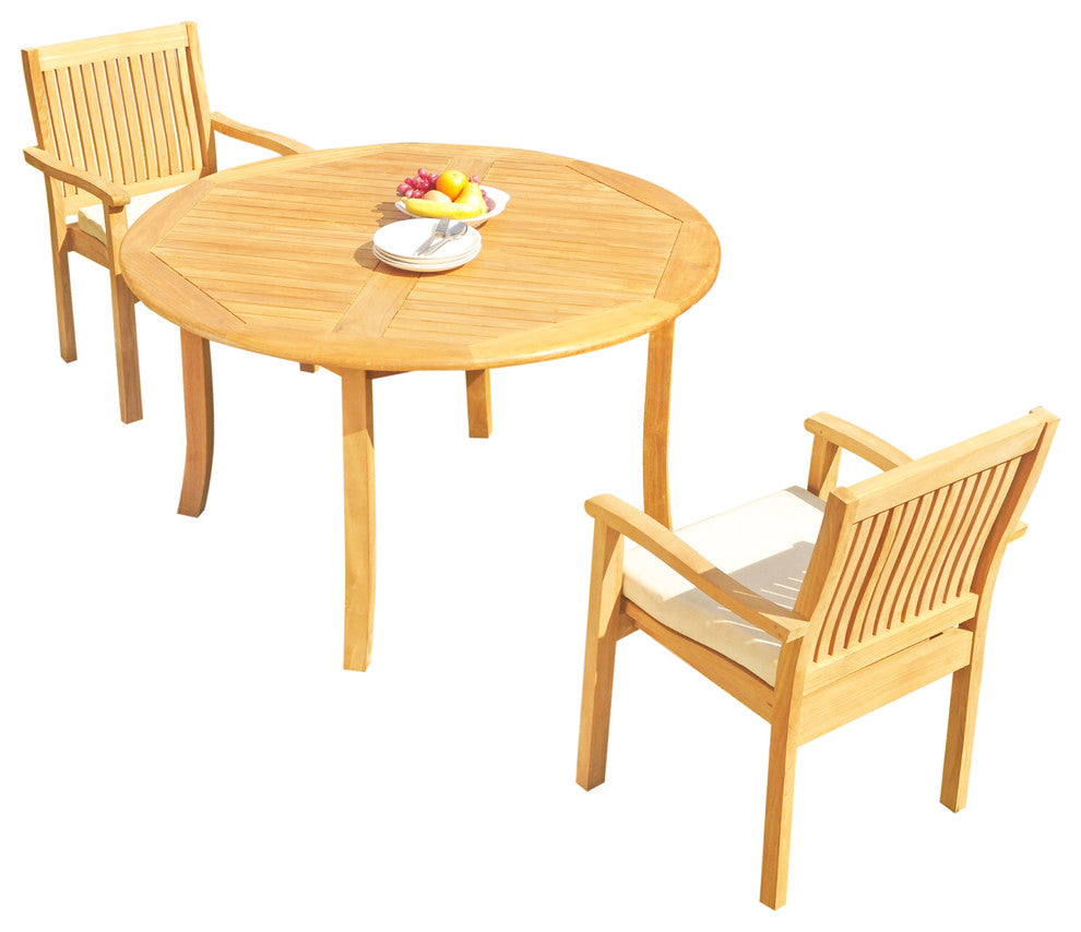 3-Piece Outdoor Teak Dining Set: 52" Round Table, 2 Leveb Stacking Arm Chairs