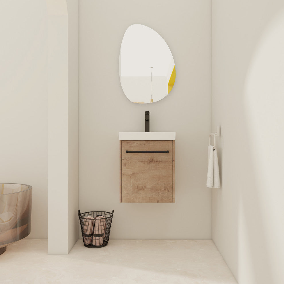 GDF Studio 18" Wall-Mounted Vanity, Ceramic Sink, Imitative Oak