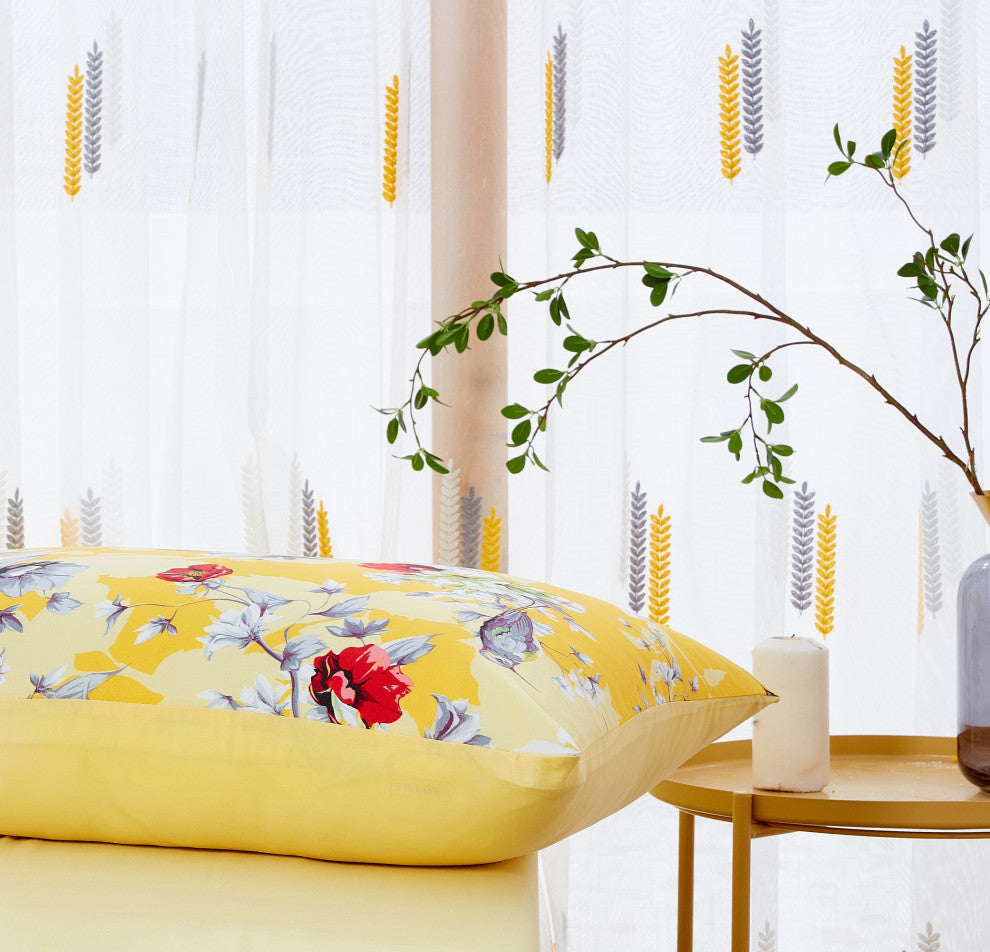 Sunshine Yellow Hummingbirds Floral Fitted & Flat Bed Sheets Set, King