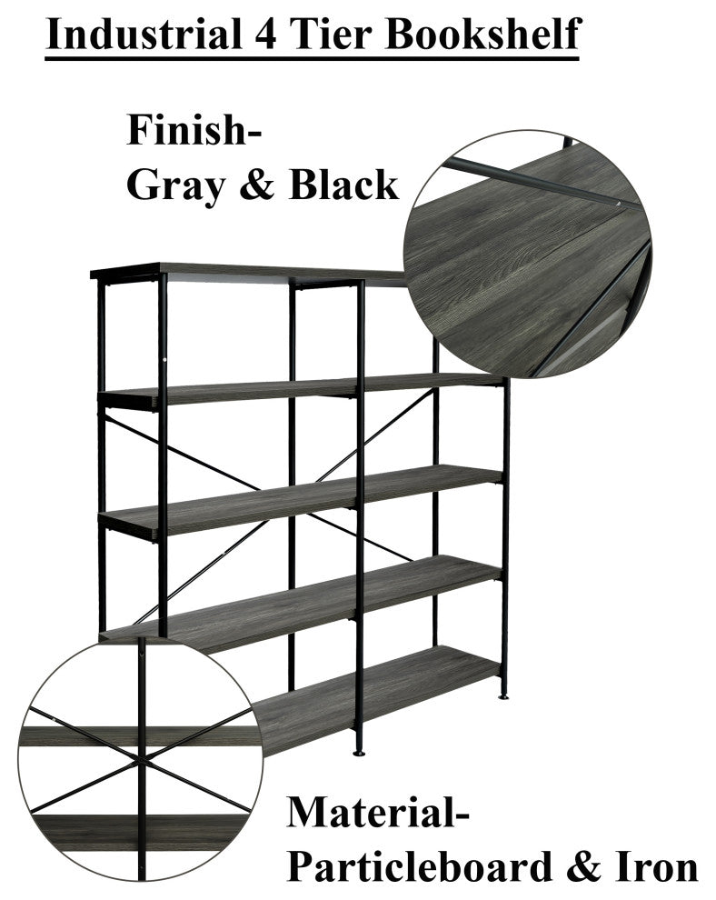63" Industrial 4 Tier Bookshelf Particleboard Metal Frame, Gray, Black