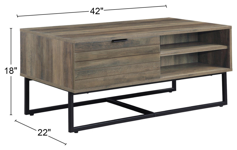 Coffee Table With 2 Open Compartments, Rustic Oak and Black