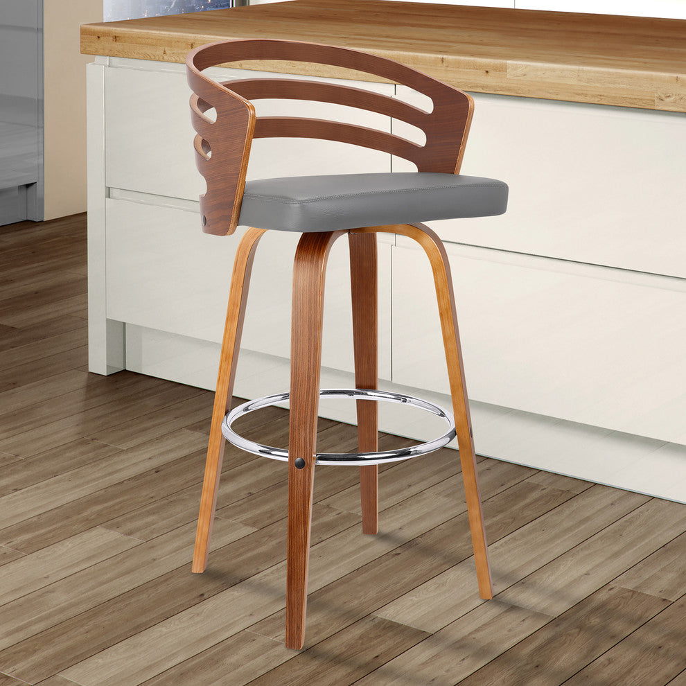 Aberdeen 26" Mid-Century Swivel Counter Stool, Gray Faux Leather With Walnut