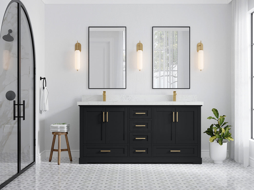 Boston 72" Double Sink Bath Vanity, Wrought Iron 2" Empira Quartz